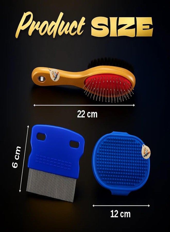 Wiggleboo 3-in-1 Pet Bathing Grooming Combo | Wood Double Side Brush + Palm Rubber Deshedding Massage Brush | Tick, Flea & Lice | Daily Shedding, Detangling & Flea Removal (Random) - Image 3